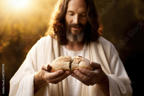 Jesus Christ Breaking Bread with Flowery Hands in Holy Light , Gospel of Luke 24:30-31 Inspired