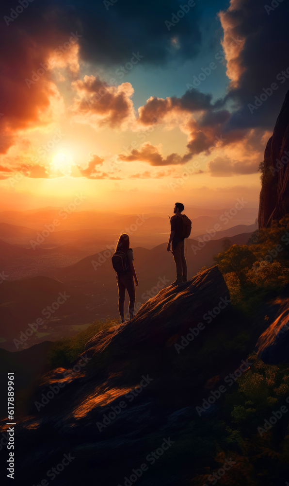 Man and woman stand high on the rock at sunset. Couple of mountain hikers watching sun down. Generative AI.