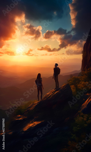 Man and woman stand high on the rock at sunset. Couple of mountain hikers watching sun down. Generative AI.
