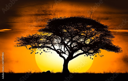Black silhouette of an ample tree standing alone. Huge setting sun at backdrop. Generative AI.