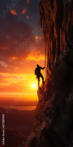 Mountaineer standing on the cliff at sunset. Dangerous extreme time-spending in the nature. Generative AI.