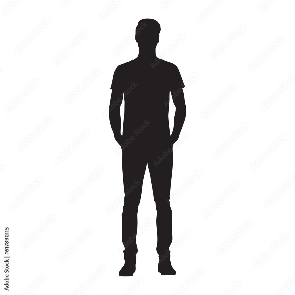 Man in shirt and trousers standing, front view, isolated vector silhouette