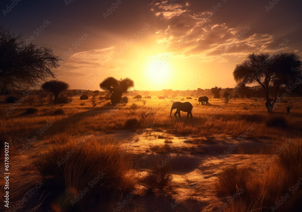 African landscape at sunset. Few elephants walking peacefully by the grassland. Generative AI.