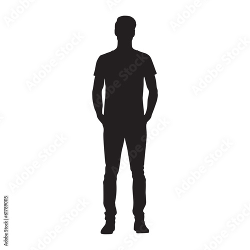 Man in shirt and trousers standing, front view, isolated vector silhouette