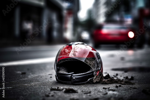 Badly damaged motorcyclist's helmet on the asphalt road. Car accident consequences. Blurred backdrop. Generative AI.