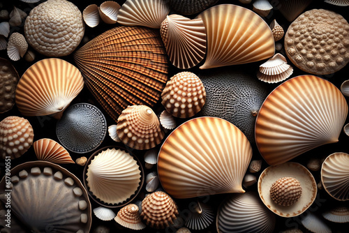 Sea shells beach background. Shell texture background. Pebble sea beach close-up. Generative AI © Klemenso