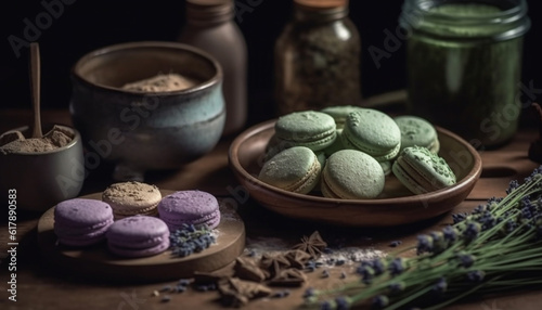 Indulgent French macaroon stack on rustic wood table, ready to eat generated by AI