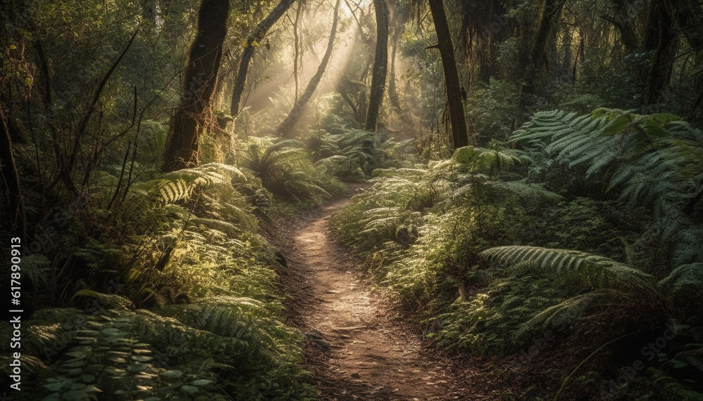 Obraz premium Tranquil scene of a wet forest with green ferns and coniferous trees generated by AI