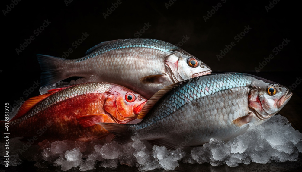 Fresh seafood catch of fish, healthy gourmet meal, underwater animal eye generated by AI Fresh seafood catch of fish, healthy gourmet meal, underwater animal eye generated by AI