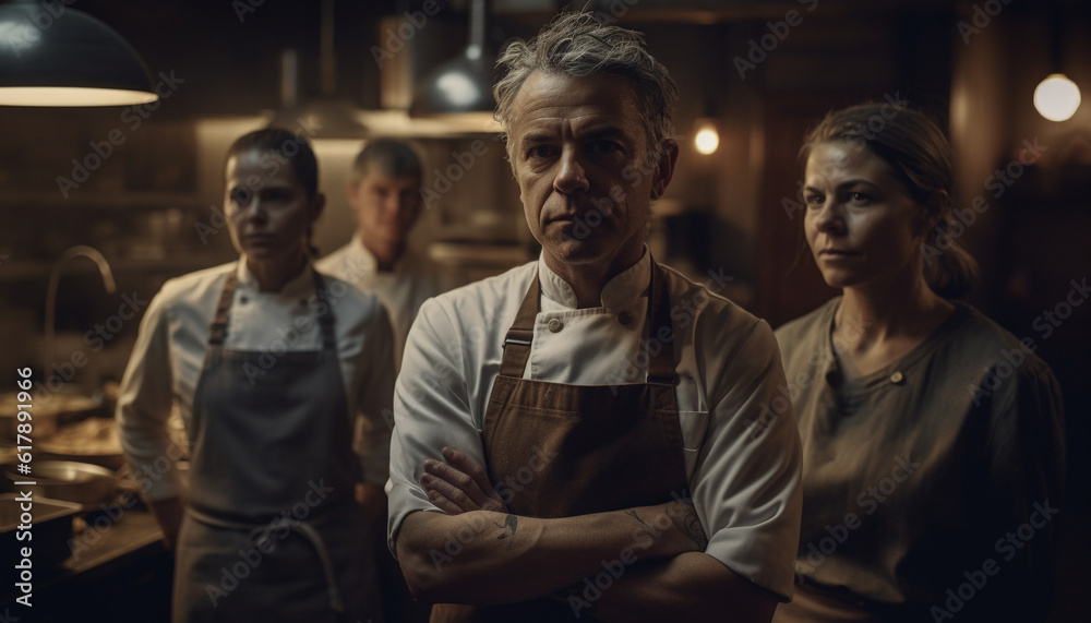 Mature adult carpenter and barista team up in small business pride generated by AI