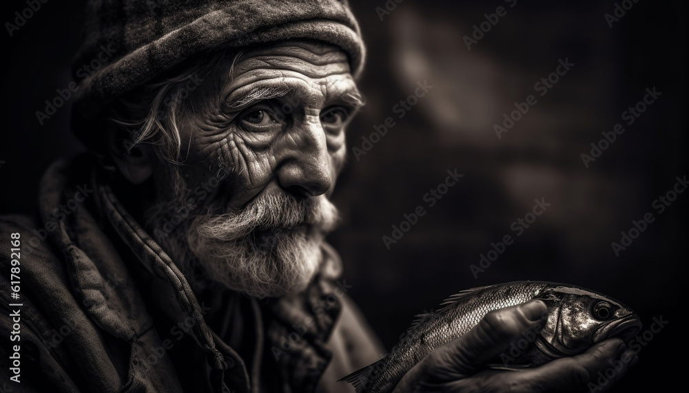 Senior man with beard smiling at camera in nature portrait generated by AI Senior man with beard smiling at camera in nature portrait generated by AI
