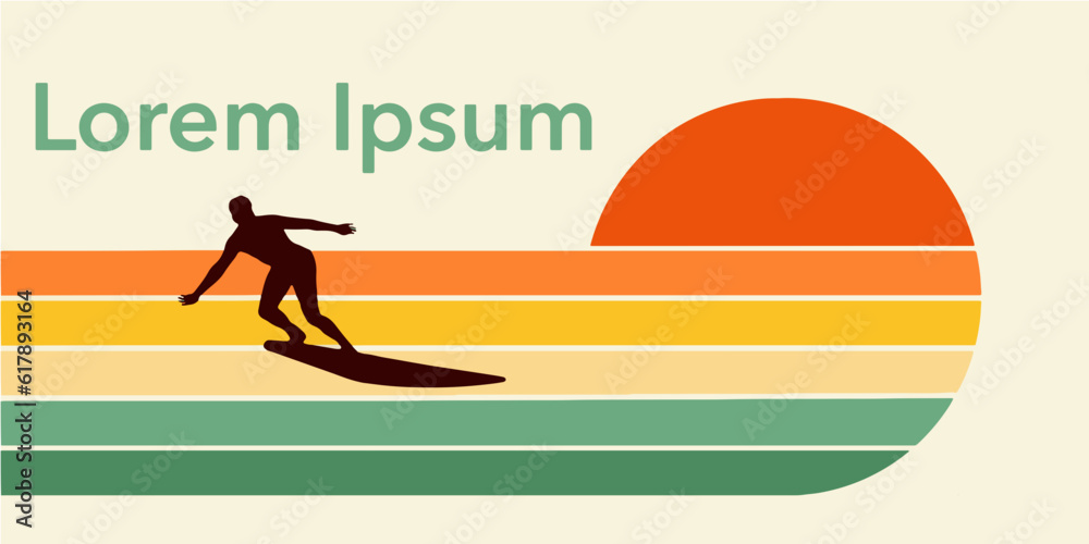 A male surfer is seen on his surf board on a graphic colorful design of a sunset over the ocean. This is a design for a surfing related logo or icon.