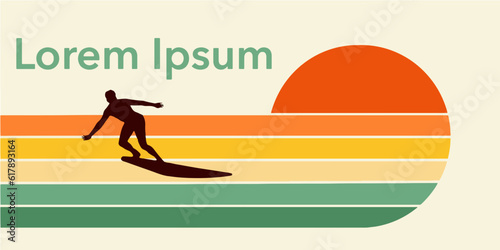 A male surfer is seen on his surf board on a graphic colorful design of a sunset over the ocean. This is a design for a surfing related logo or icon.