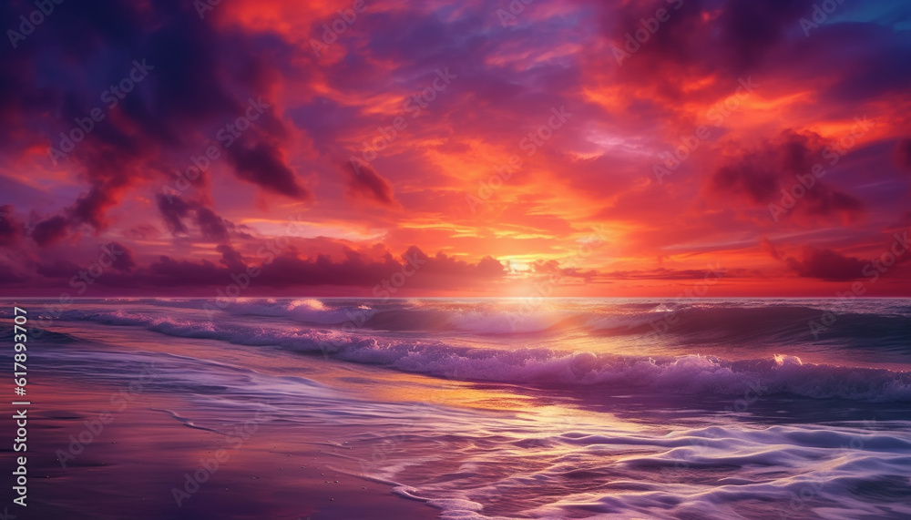 Tranquil sunset over vibrant waters, nature beauty in dramatic sky generated by AI