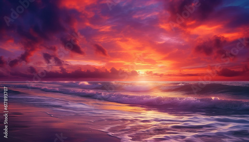 Tranquil sunset over vibrant waters, nature beauty in dramatic sky generated by AI © Jemastock