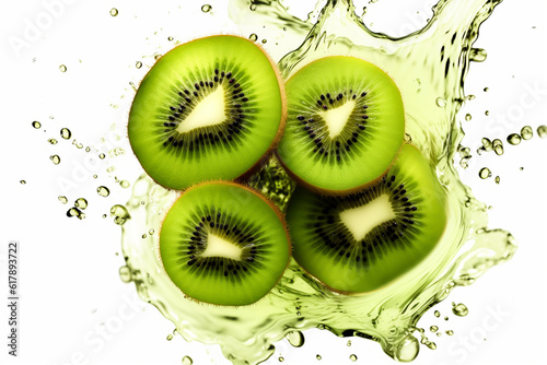 kiwi slices plus green liquid color splash on isolated white. Generative ai