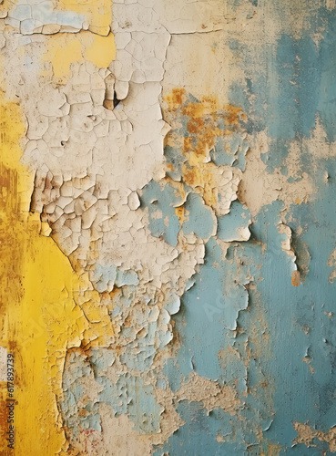 Peeled cracked painting with blue yellow gold white