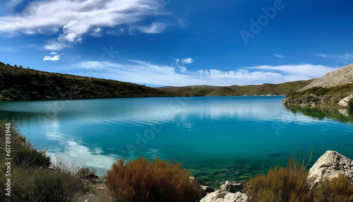 Majestic mountain range reflects in tranquil pond, idyllic autumn scene generated by AI