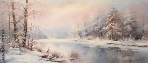 An oil painting background portraying a serene winter landscape, with snow-covered trees, a frozen lake, and soft, muted colors evoking a sense of tranquility. Wallpaper texture. Generative AI. 