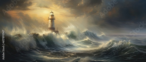 An oil painting background showcasing a dramatic seascape with crashing waves, a stormy sky, and a lighthouse standing tall amidst the turbulence. Wallpaper texture. Generative AI. 