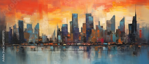 An oil painting background featuring an abstract interpretation of a city skyline at dusk, with vibrant, bold strokes of color capturing the urban energy. Wallpaper texture. Generative AI. 