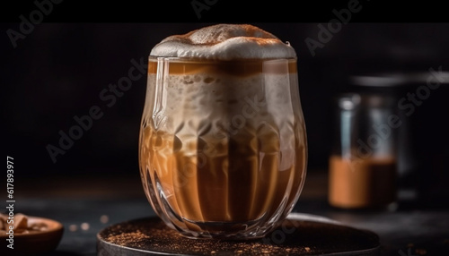 Dark bar table holds frothy beer glass, freshness in liquid generated by AI