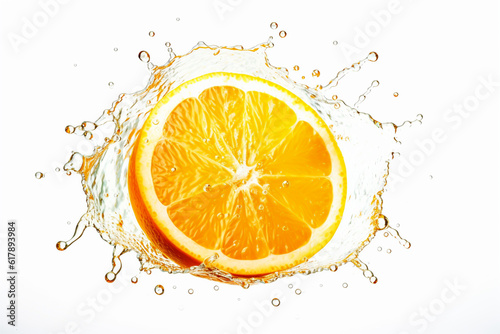 orange slices plus orange liquid color splash on isolated white. Generative ai