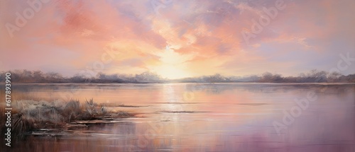 An oil painting background portraying an atmospheric sunset over a tranquil lake, with soft hues of orange, pink, and purple reflecting on the water. Wallpaper texture. Generative AI. 