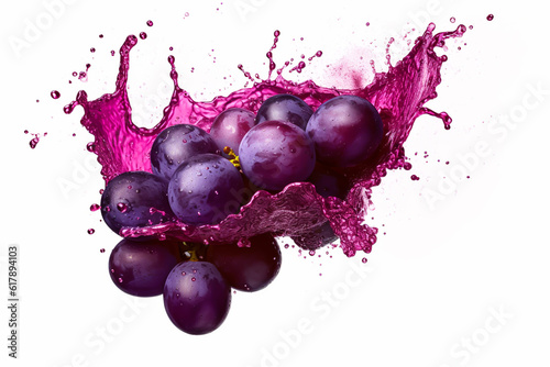 purple grape plus purple liquid color splash on isolated white. Generative ai