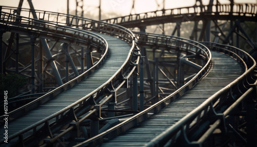 Rusty steel footbridge curves over water, a man walking alone generated by AI