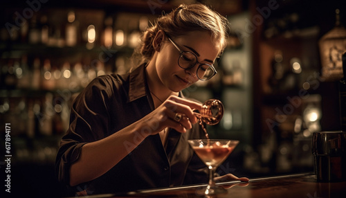 Young adults enjoying nightlife at a bar, drinking cocktails and whiskey generated by AI
