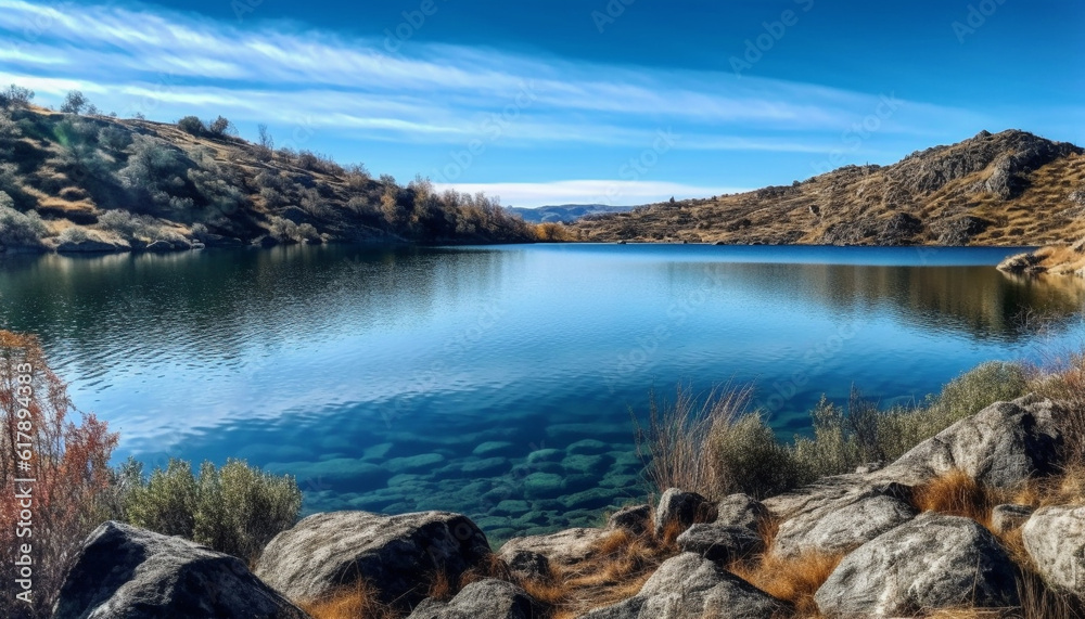 Tranquil scene of mountain reflection in clear blue water generated by AI