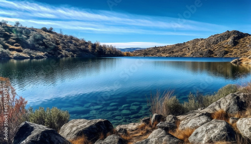 Tranquil scene of mountain reflection in clear blue water generated by AI