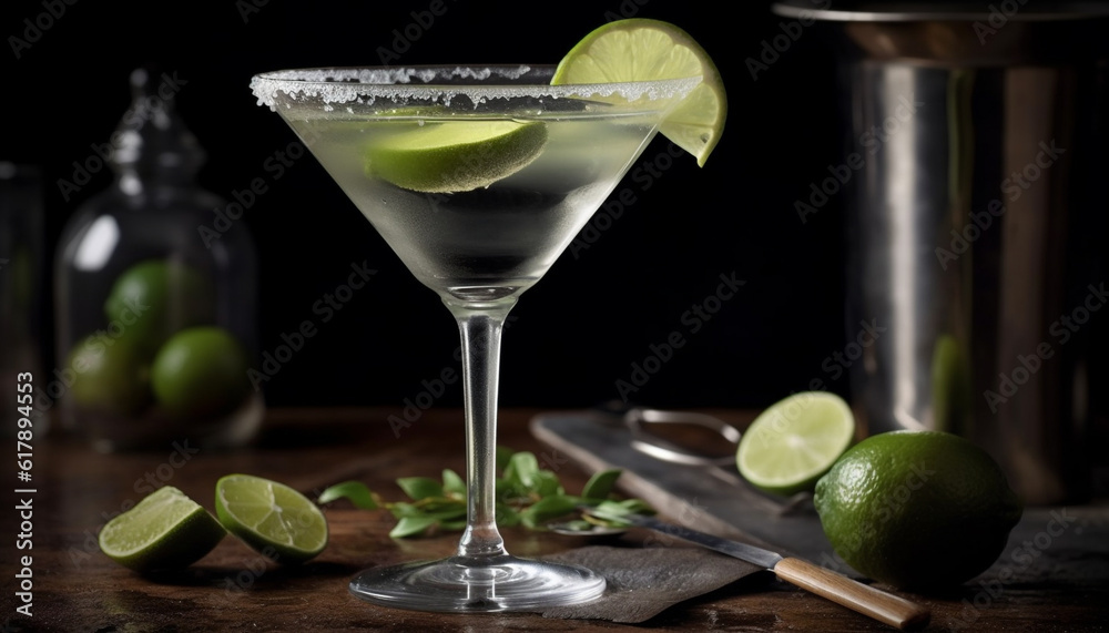 A refreshing lime margarita with tequila, citrus fruit, and ice generated by AI A refreshing lime margarita with tequila, citrus fruit, and ice generated by AI