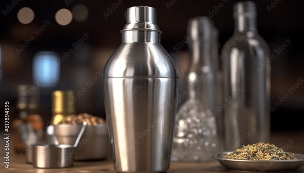 Fresh alcohol in stainless steel bottle on kitchen table indoors generated by AI Fresh alcohol in stainless steel bottle on kitchen table indoors generated by AI