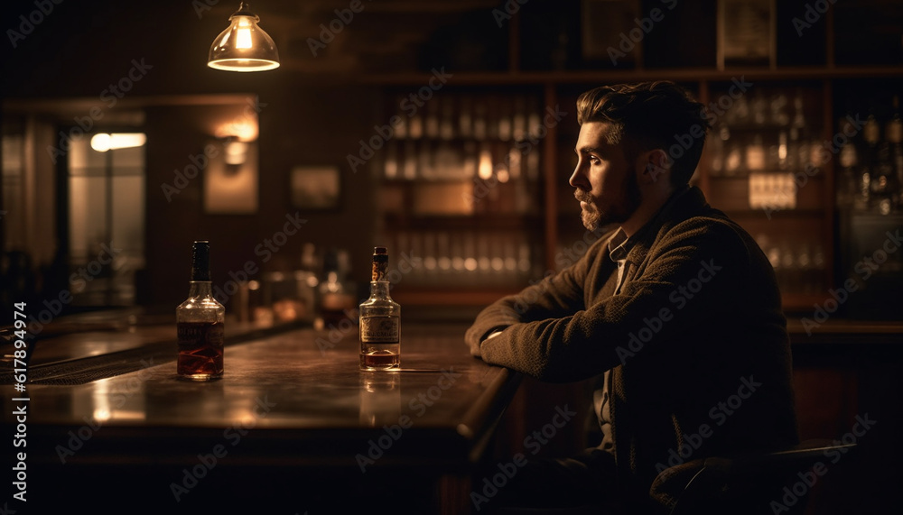 One man sitting at bar, drinking whiskey, surrounded by men generated by AI