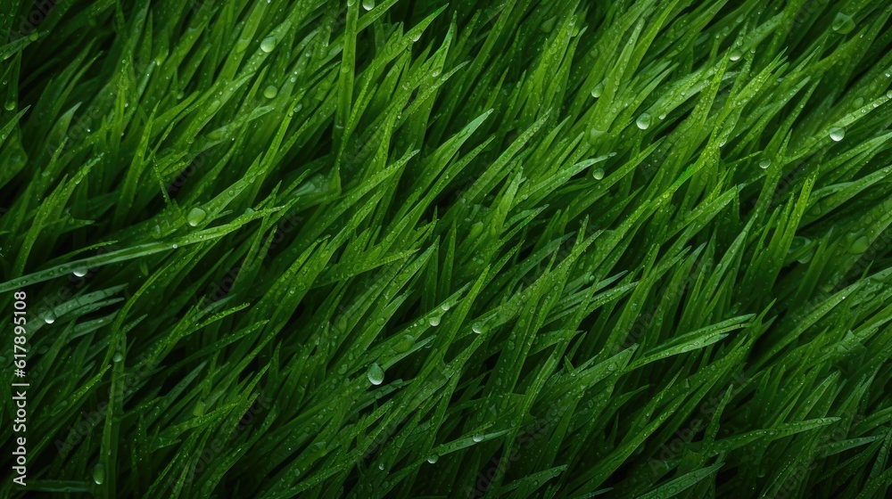 Juicy lush green grass on meadow with drops of water dew in morning light in spring summer outdoors close-up macro, panorama. Beautiful artistic image of purity and freshness of nature Juicy lush green grass on meadow with drops of water dew in morning light in spring summer outdoors close-up macro, panorama. Beautiful artistic image of purity and freshness of nature