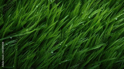 Juicy lush green grass on meadow with drops of water dew in morning light in spring summer outdoors close-up macro, panorama. Beautiful artistic image of purity and freshness of nature
