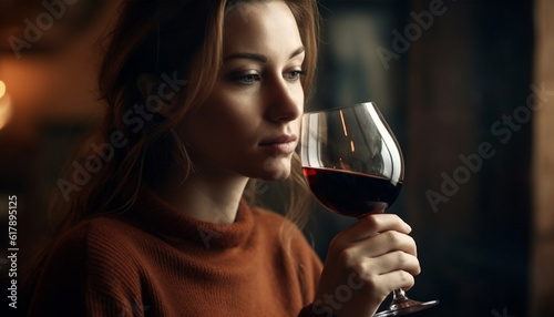 Young woman enjoying red wine, holding wineglass, smiling in elegance generated by AI