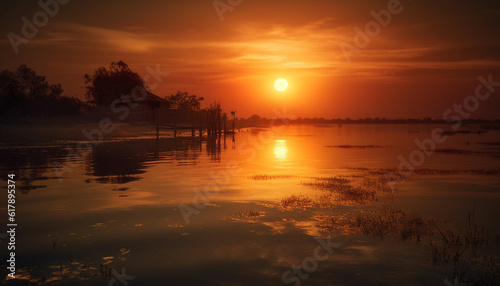 Golden horizon reflects tranquil dusk over serene water and nature generated by AI