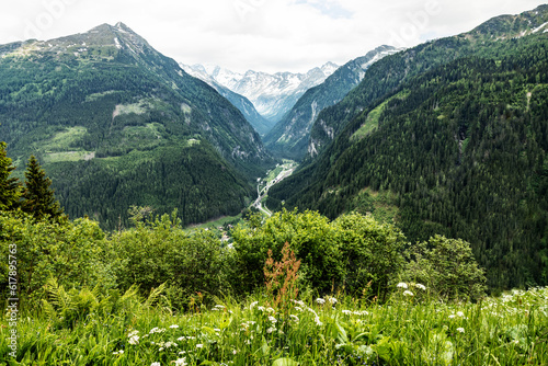 Summer alpine landscape with snowy mountains and green slopes, valley view, Austria, Gastein