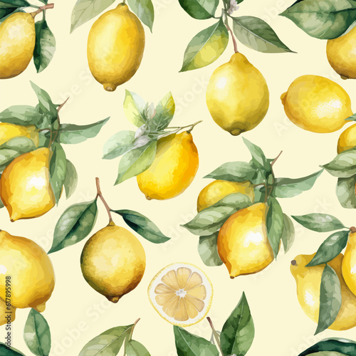 Seamless pattern with lemons and brunch leaves.