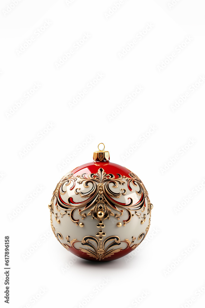A red and white christmas ornament on a table. Generative AI.