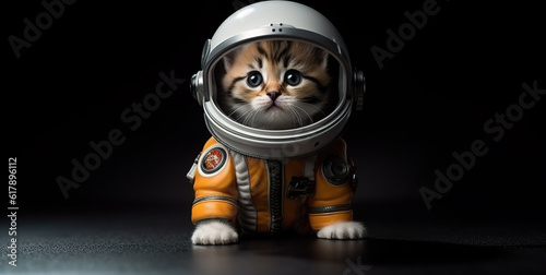 A cat wearing a space suit sitting on a table. Generative AI. photo