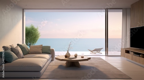 Minimal style modern living room with sea view.3d rendering