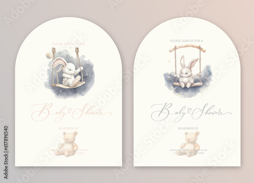 Cute baby shower watercolor invitation card for baby and kids new born celebration with plush bunny rabbit toys.