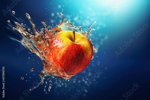 Red apple levitates on blue gradient background, with water splash and drops. Very juicy modern shot of an isolated fruit. Advertising Freeze Motion banner. 