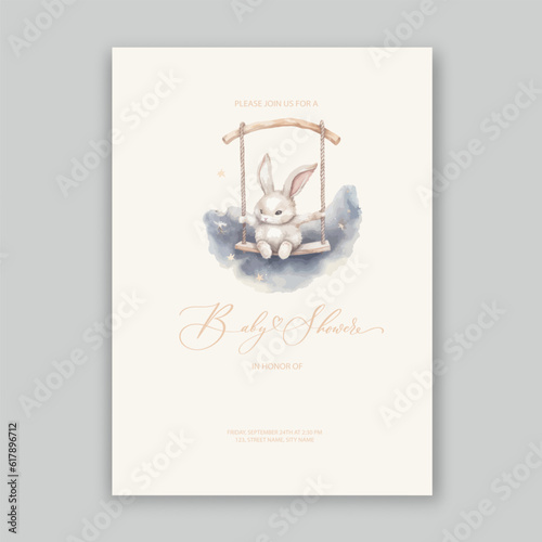 Cute baby shower watercolor invitation card for baby and kids new born celebration with plush bunny rabbit toys.