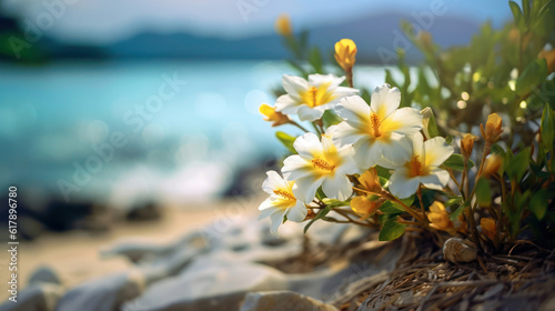 White flowers grow from the rocks against the sea. Sunny coast, warm countries, tropics, vacation and travel abroad. Banner for Beach vacation, hotel vacation, tourist route. Travel and travelers. #617896780