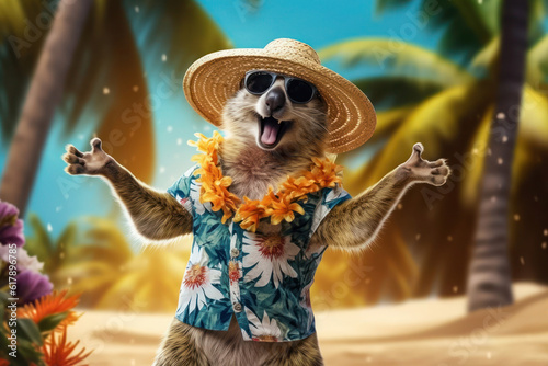 Wallpaper Mural Animal on vacation, A gopher in a Hawaiian shirt wearing straw hat and sunglasses, dancing on beach, paws up. Banner for advertising hotel, beach vacation, travelling. Beach bar, party time. Torontodigital.ca